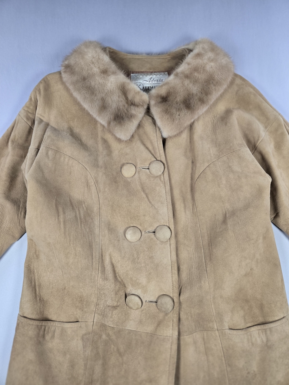 Vintage Tan Suede Trench Coat with Fur Collar - Picture 2 of 14